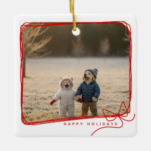 Whimsical Red Ribbon Frame Holiday Photo Ceramic Ornament