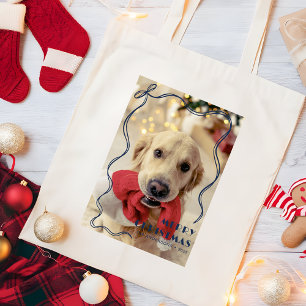 Whimsical Red Ribbon Merry Christmas Pet Photo Tote Bag