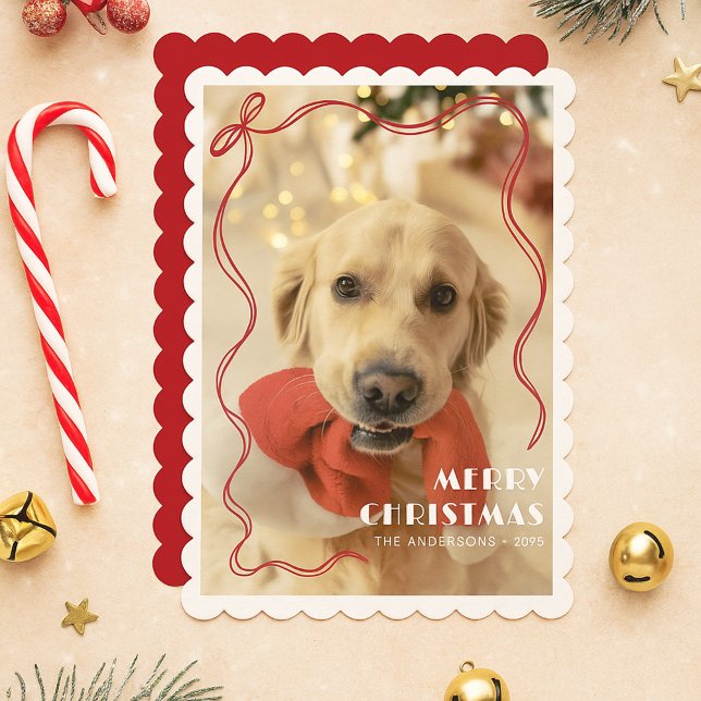 Whimsical Red Ribbon Pet Photo Merry Christmas Holiday Card (Creator Uploaded)