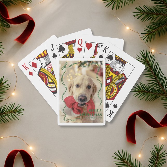 Whimsical Red Ribbon Pet Photo Merry Christmas Playing Cards (Creator Uploaded)