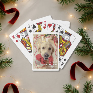 Whimsical Red Ribbon Pet Photo Merry Christmas Playing Cards