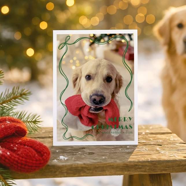 Whimsical Red Ribbon Pet Photo Merry Christmas Postcard (Creator Uploaded)