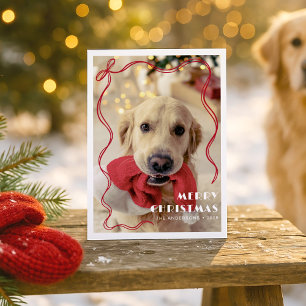 Whimsical Red Ribbon Pet Photo Merry Christmas Postcard