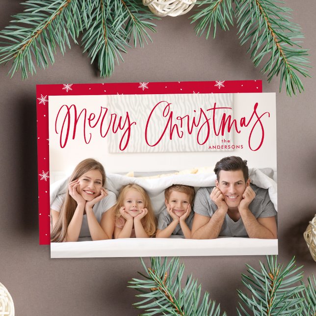 Whimsical Red Script Merry Christmas Photo Holiday Card (Creator Uploaded)