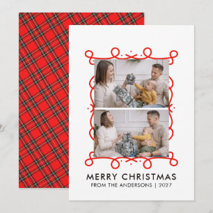 Whimsical Red Scroll Frame Merry Christmas 2 Photo Holiday Card
