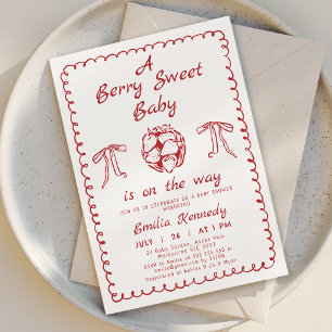 Whimsical Red Strawberry Berry Sweet Baby Shower  Invitation