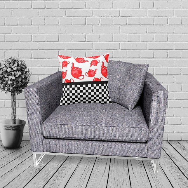 Whimsical Red Teapots and Chequerboard Cushion (Creator Uploaded)