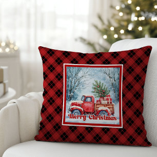 Whimsical red truck Christmas scene rustic festive Cushion