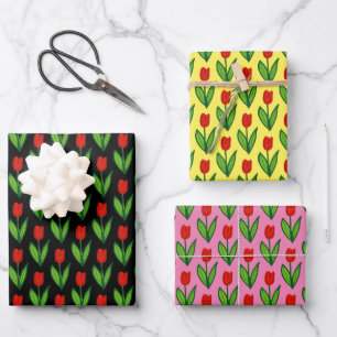 Whimsical red tulip flower drawing patterned wrapping paper sheet