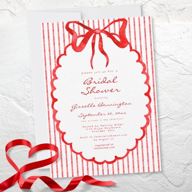 Whimsical Red Watercolor Bow Stripe Bridal Shower Invitation (Whimsical Red Watercolor Bow Stripe Bridal Shower Invitation)