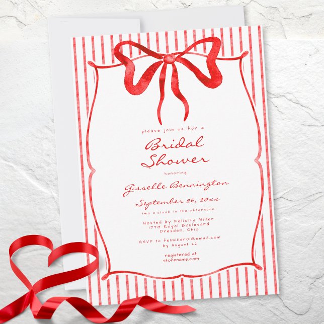 Whimsical Red Watercolor Bow Stripe Bridal Shower Invitation (Whimsical Red Watercolor Bow Stripe Bridal Shower Invitation)