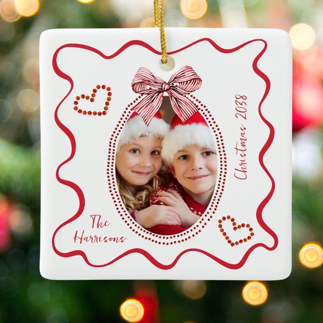 Whimsical Red Wavy Frame Bow Photo Christmas Ceramic Ornament (Creator Uploaded)
