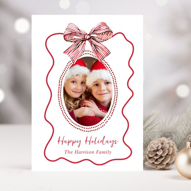 Whimsical Red Wavy Frame Bow Photo Christmas Holiday Card (Share the love and warmth of the season with your personalized photo Christmas card)
