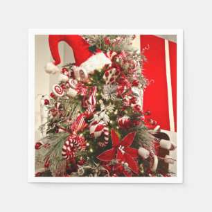 Whimsical Red & White Candy Themed Christmas Tree Napkin