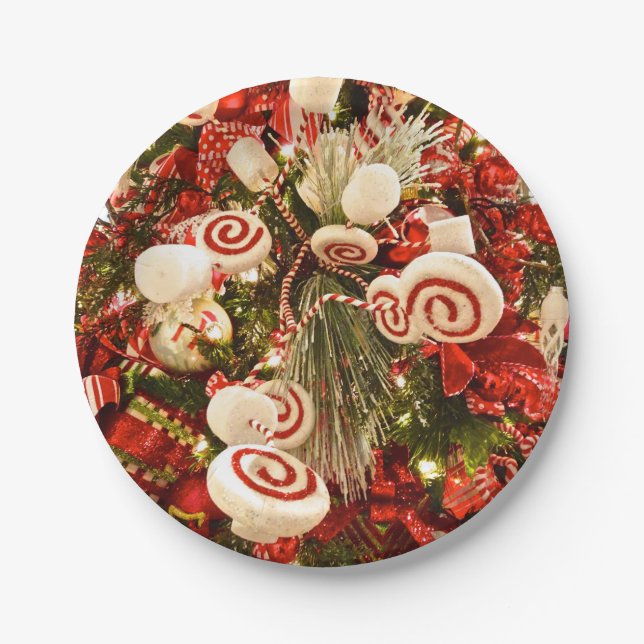 Whimsical Red & White Candy Themed Christmas Tree Paper Plate (Front)
