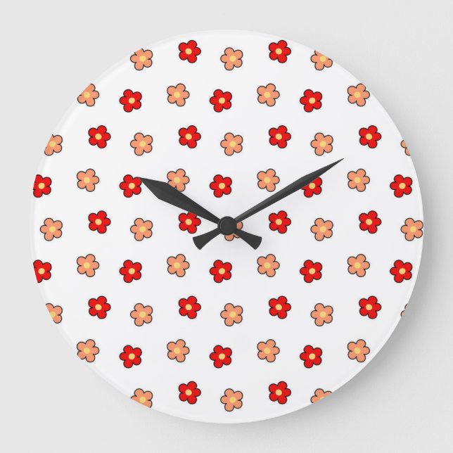 Whimsical Red & White Flower Retro Floral Design Large Clock (Front)