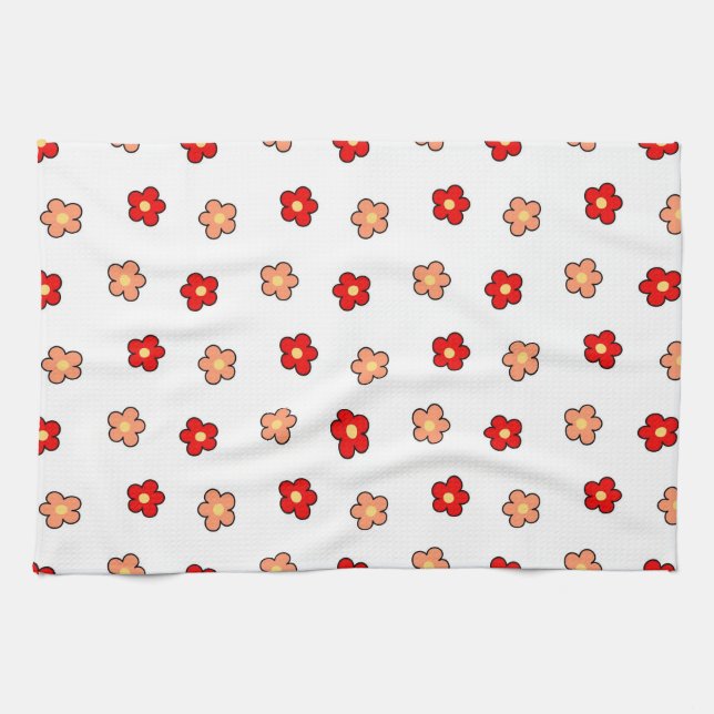 Whimsical Red & White Flower Retro Floral Design Tea Towel (Horizontal)