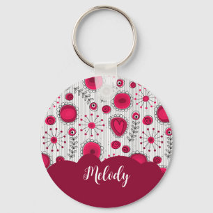 Whimsical red white hearts flowers floral name key ring