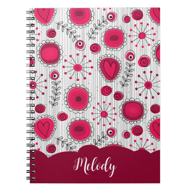 Whimsical red white hearts flowers floral name notebook (Front)