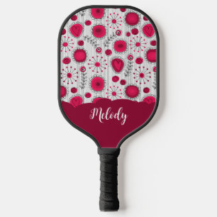 Whimsical red white hearts flowers floral name pickleball paddle