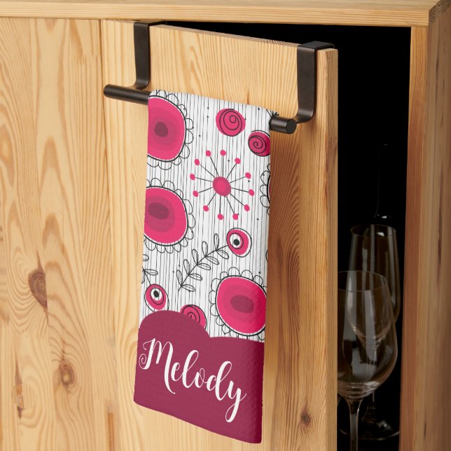 Whimsical red white hearts flowers floral name tea towel (Thirds Fold)