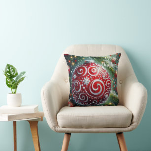 Whimsical Red White Ornament Swirls Seasonal Cushion