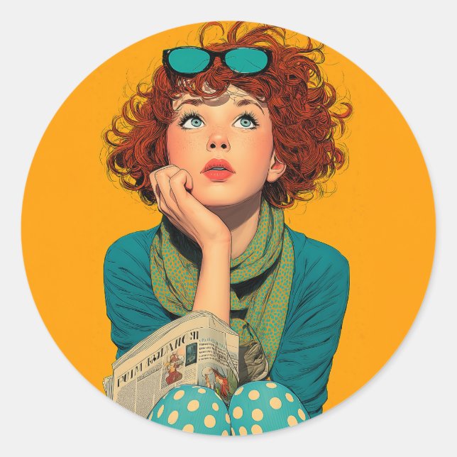 Whimsical Redhead in Polka Dots Classic Round Sticker (Front)