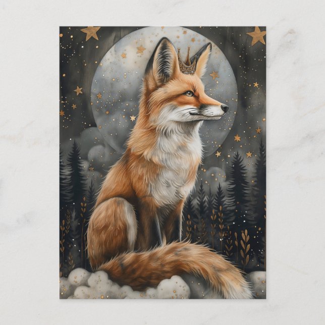 Whimsical Regal Red Fox in Mystic Moonlight Postcard (Front)