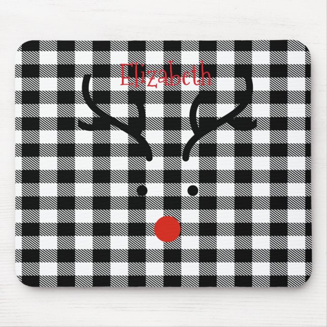 Whimsical  Reindeer Face Black Buffalo Plaid Mouse Pad (Front)