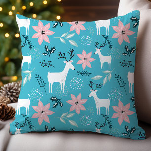 Whimsical Reindeer Floral Poinsettia Christmas Cushion
