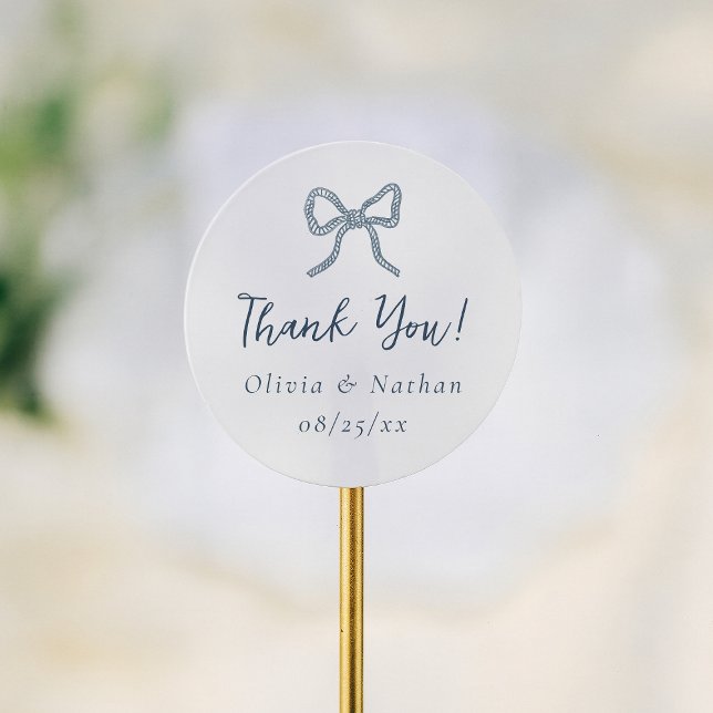 Whimsical Retro Blue Bow Wedding Thank You Favor Classic Round Sticker (Creator Uploaded)