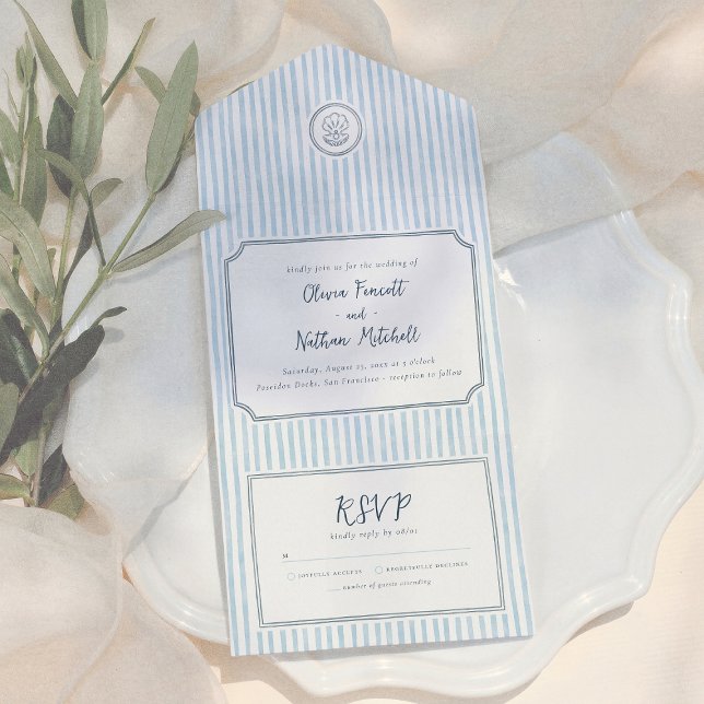 Whimsical Retro Blue Stripes Wedding All In One Invitation (Creator Uploaded)