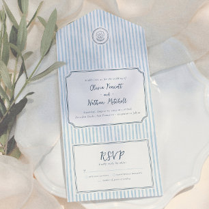 Whimsical Retro Blue Stripes Wedding All In One Invitation