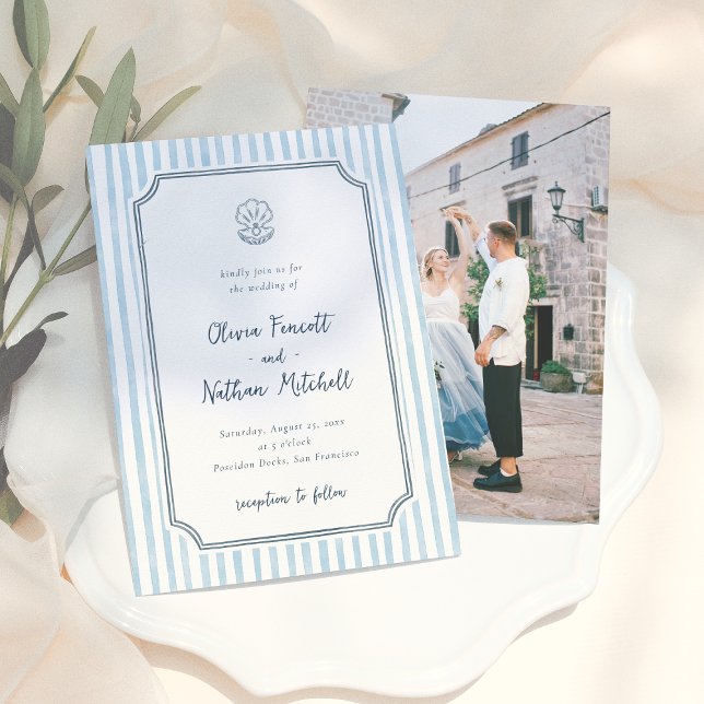 Whimsical Retro Blue Stripes Wedding Invitation (Creator Uploaded)