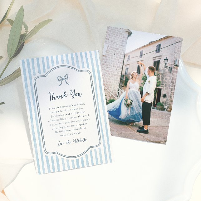 Whimsical Retro Bow & Blue Stripes Wedding Thank You Card (Creator Uploaded)