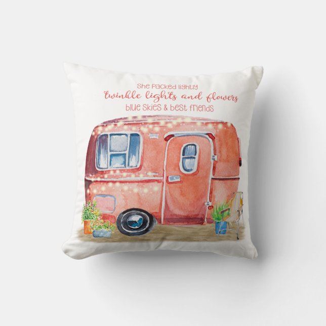 Whimsical Retro Camper Caravan Friends Quote Cushion (Front)