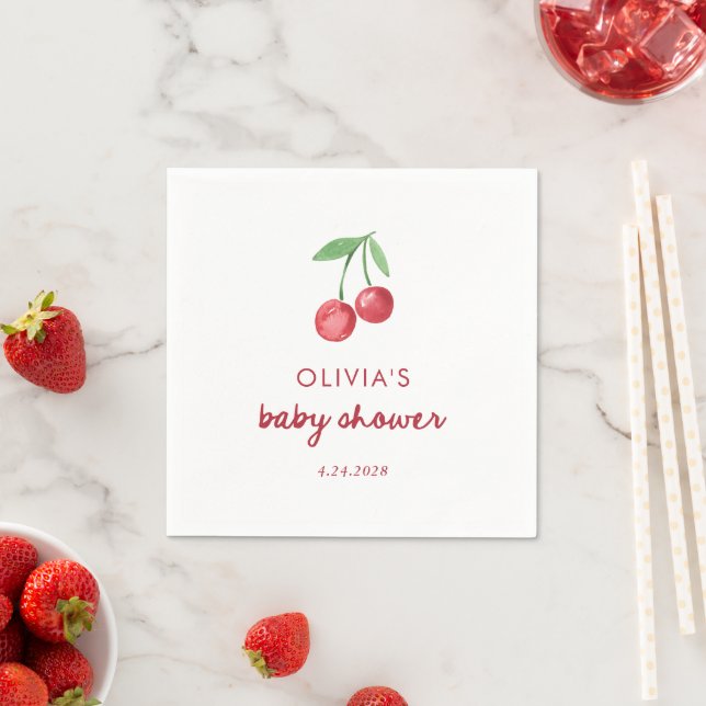 Whimsical Retro Cherries | Red Script Baby Shower Napkin (Insitu)