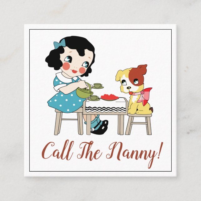 Whimsical Retro Child And Dog Tea Party Nanny Square Business Card (Front)