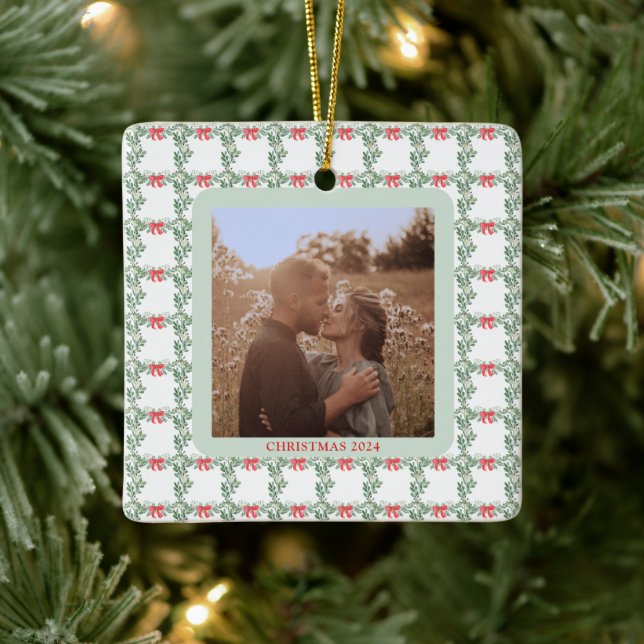 Whimsical Retro | Christmas Pattern with Photo Ceramic Ornament (Tree)