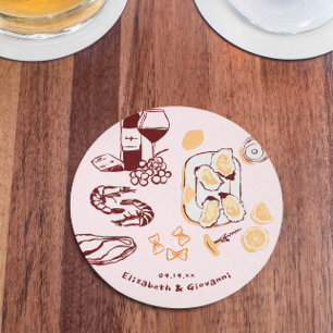 Whimsical Retro Doodle Art Wedding Round Paper Coaster