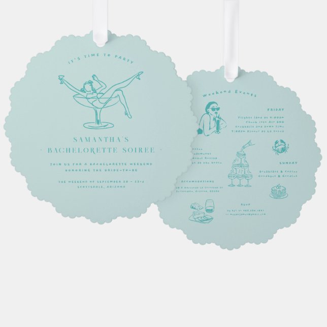 Whimsical Retro Doodle | Bachelorette Weekend  Tree Decoration Card (Front/Back)