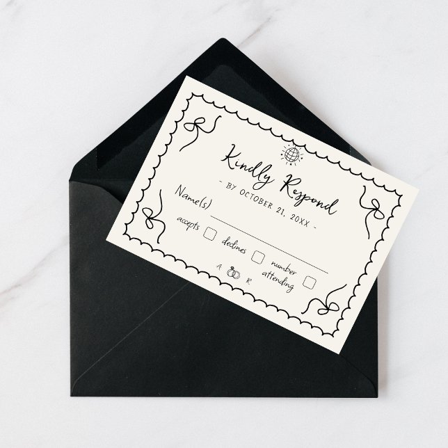 Whimsical Retro French Wedding Hand Drawn Monogram RSVP Card (Creator Uploaded)