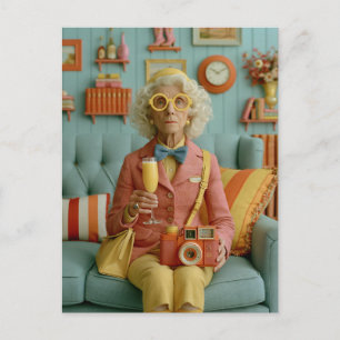 Whimsical Retro Grandma with Camera Postcard