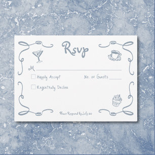 Whimsical Retro Hand Drawn Dusty Blue Wedding RSVP Card