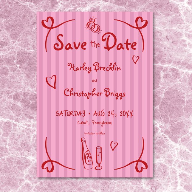Whimsical Retro Hand Drawn Pink Red Stripe Wedding Save The Date (Whimsical Retro Hand Drawn Pink Red Stripe Wedding Save The Date)