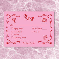 Whimsical Retro Hand Drawn Pink Red Wedding Dinner