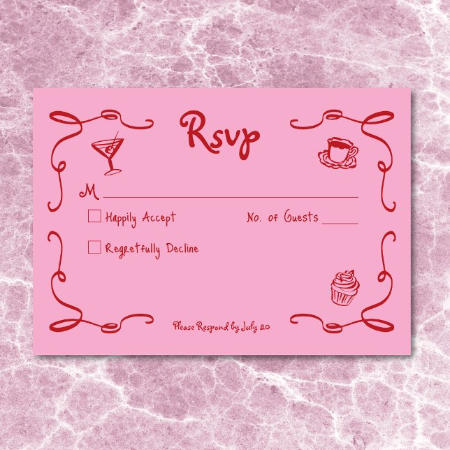 Whimsical Retro Hand Drawn Pink Red Wedding RSVP Card (Whimsical Retro Hand Drawn Pink Red Wedding RSVP Card)