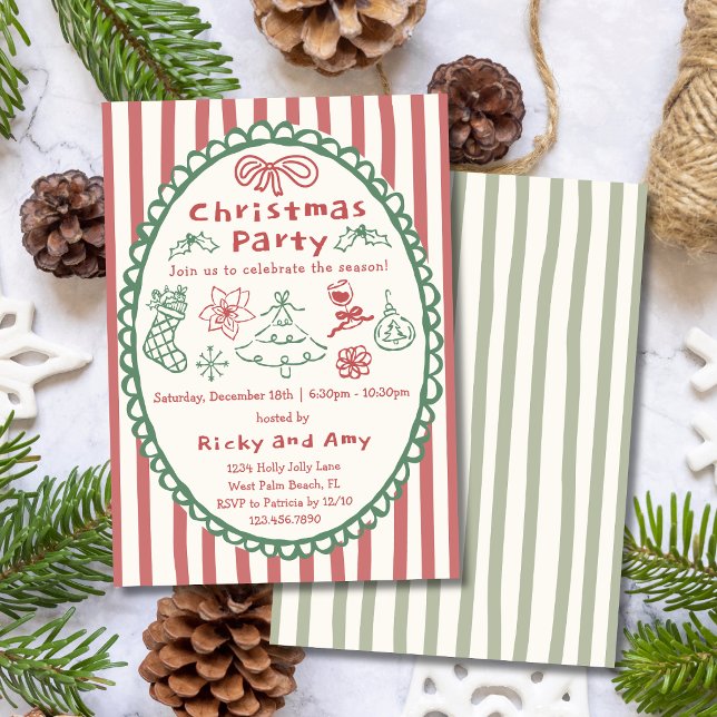 Whimsical Retro Hand Drawn Red Christmas Party Invitation (Creator Uploaded)