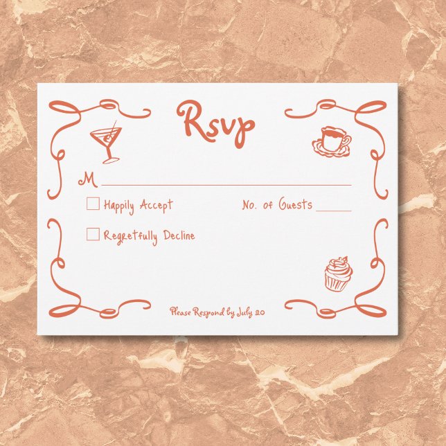 Whimsical Retro Hand Drawn Sunset Orange Wedding RSVP Card (Whimsical Retro Hand Drawn Sunset Orange Wedding RSVP Card)