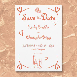 Whimsical Retro Hand Drawn Sunset Orange Wedding Save The Date